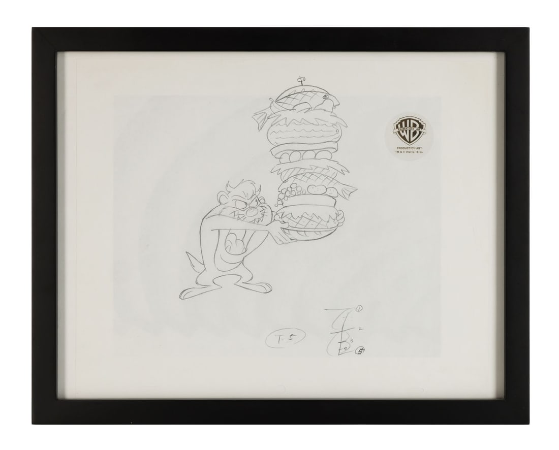 LOONEY TUNES (TV SERIES, 1929-PRESENT) - Framed Tasmanian Devil Original Production Drawing: LOONEY TUNES (TV SERIES, 1929-PRESENT) - Framed Tasmanian Devil Original Production Drawing - Taz has built himself a tower of food, a teetering stack of fish, fruit, sandwiches and assorted edibles b