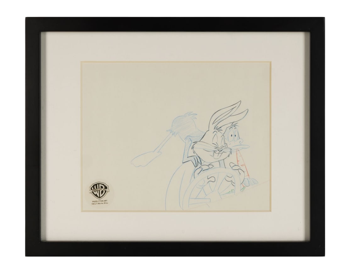 LOONEY TUNES (TV SERIES, 1929-PRESENT) - Framed Bugs Bunny and Daffy Duck at the Wheel Original: LOONEY TUNES (TV SERIES, 1929-PRESENT) - Framed Bugs Bunny and Daffy Duck at the Wheel Original Production Drawing - Bugs Bunny sits behind the wheel, carrot to hand, with Daffy Duck leaning in over h