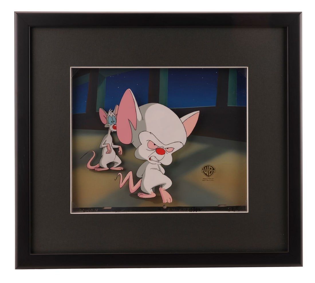 PINKY AND THE BRAIN (TV SERIES, 1995-1998) - Pinky and the Brain Original Production Cel on Key: PINKY AND THE BRAIN (TV SERIES, 1995-1998) - Pinky and the Brain Original Production Cel on Key Master Production Background from "Das Mouse" on Studio Printed Lithographic Background - The Brain has 