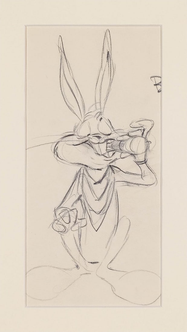 RABBITS FEAT (SHORT 1960) - Bugs Bunny Munching a Carrot Original Production Drawing: RABBITS FEAT (SHORT 1960) - Bugs Bunny Munching a Carrot Original Production Drawing - Bugs leans into the carrot here, drawn mid-bite, the very picture of unbothered confidence in a cartoon built ent