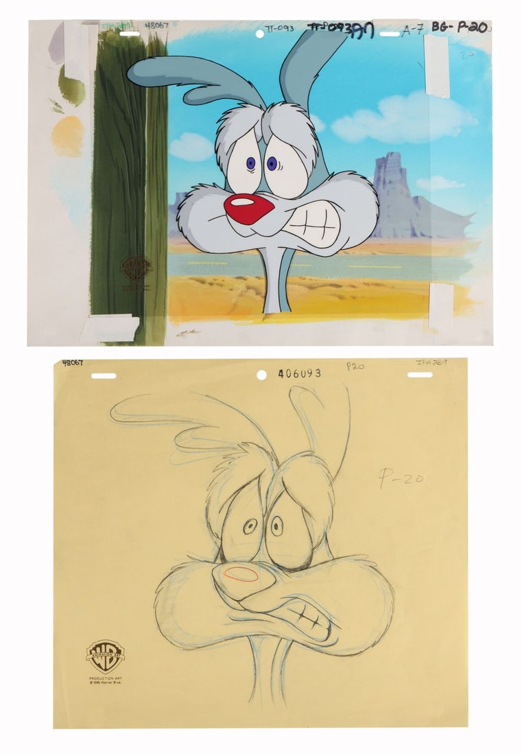 TINY TOON ADVENTURES (TV SERIES, 1990-1995) - Calamity Coyote Original Production Cel on: TINY TOON ADVENTURES (TV SERIES, 1990-1995) - Calamity Coyote Original Production Cel on Hand-Painted Key Master Production Background - Calamity Coyote stares straight out at us, braced for the inevi