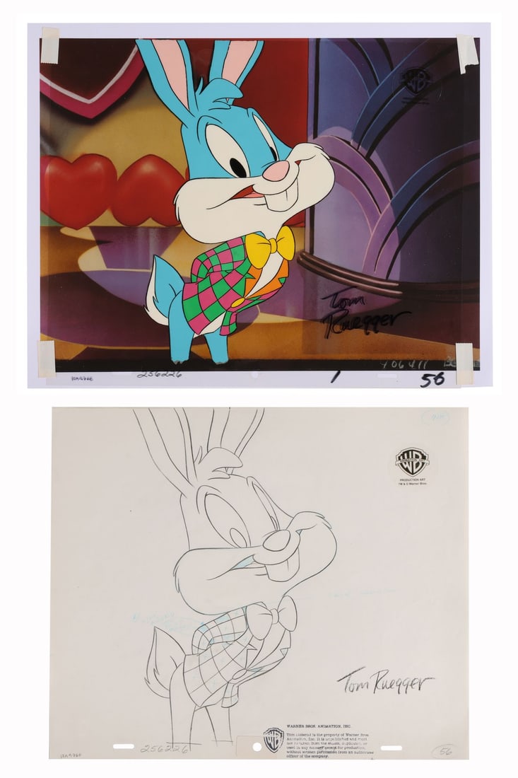 TINY TOON ADVENTURES (TV SERIES, 1990-1995) - Trustable Buster Original Production Cel and Matching: TINY TOON ADVENTURES (TV SERIES, 1990-1995) - Trustable Buster Original Production Cel and Matching Drawing from "McDonalds Commercial" on Studio Printed Lithographic Background Signed by Tom Ruegger 