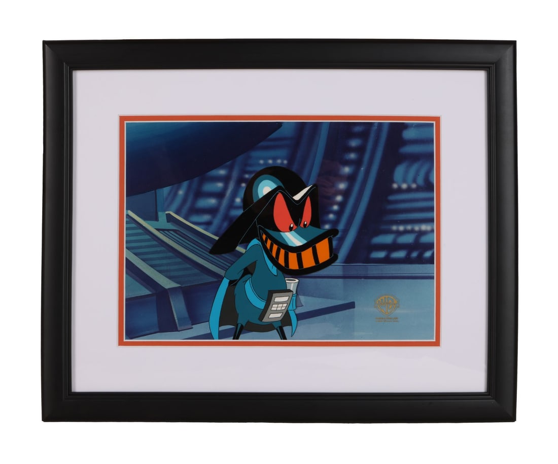 TINY TOON ADVENTURES (TV SERIES, 1990-1995) - Duck Vader Original Production Cel from "A Quack in: TINY TOON ADVENTURES (TV SERIES, 1990-1995) - Duck Vader Original Production Cel from "A Quack in the Quarks" on Studio Printed Photographic Background - Duck Vader stands sneering in the bowels of hi