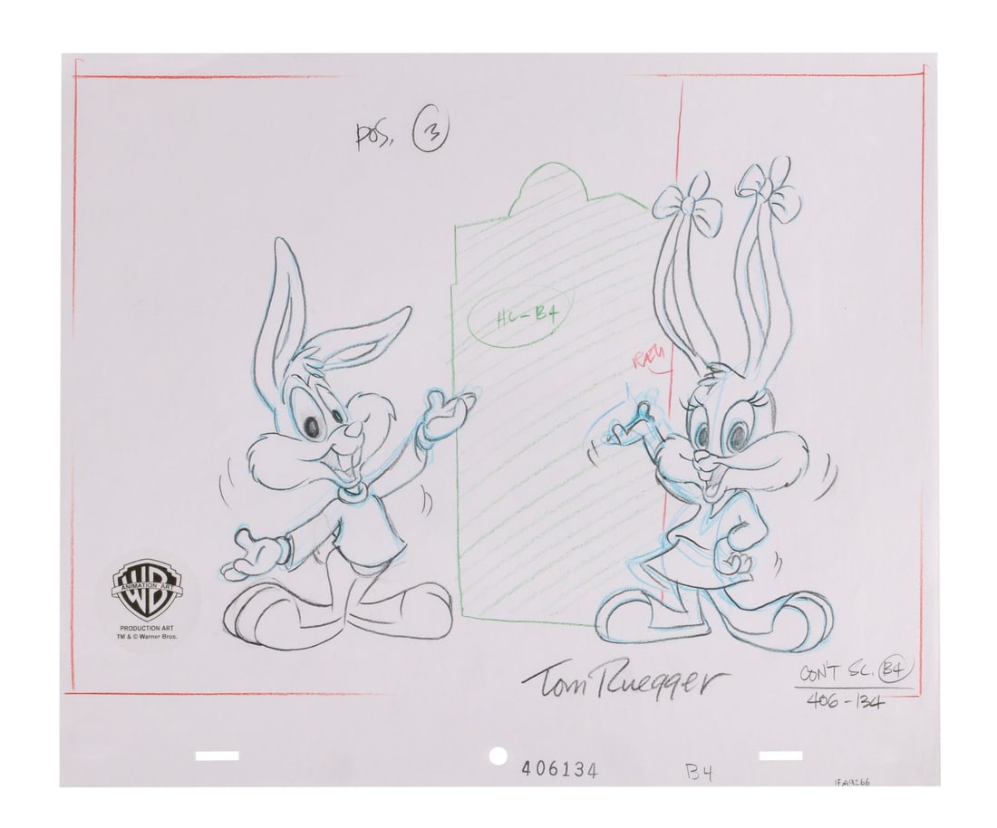 TINY TOON ADVENTURES (TV SERIES, 1990-1995) - Buster Bunny, Babs Bunny Original Camera Layout: TINY TOON ADVENTURES (TV SERIES, 1990-1995) - Buster Bunny, Babs Bunny Original Camera Layout Drawing from "Son of Looniversity Daze" Signed by Tom Ruegger - Buster and Babs Bunny stand either side of