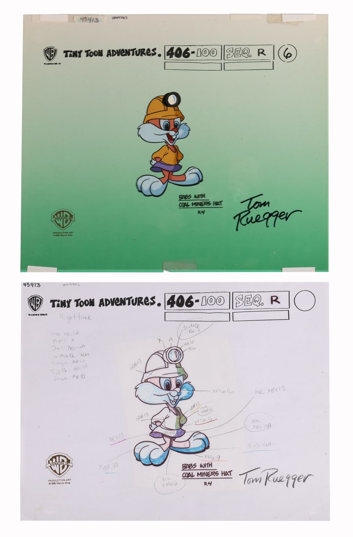 TINY TOON ADVENTURES (TV SERIES, 1990-1995) - Babs Original Model Sheet and Hand-Painted Model Cel: TINY TOON ADVENTURES (TV SERIES, 1990-1995) - Babs Original Model Sheet and Hand-Painted Model Cel Signed by Tom Ruegger - Here is Babs Bunny kitted out as a coal miner, lamp on her helmet, ready for 