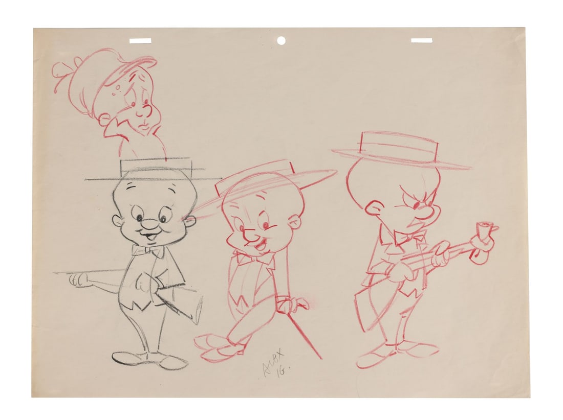 WARNER BROS. STUDIOS - Elmer Fudd Original Character Model Sheet Signed by Alex Ignatiev: WARNER BROS. STUDIOS - Elmer Fudd Original Character Model Sheet Signed by Alex Ignatiev - Elmer Fudd works through a full range of attitudes across this sheet, four studies of the dapper version of t