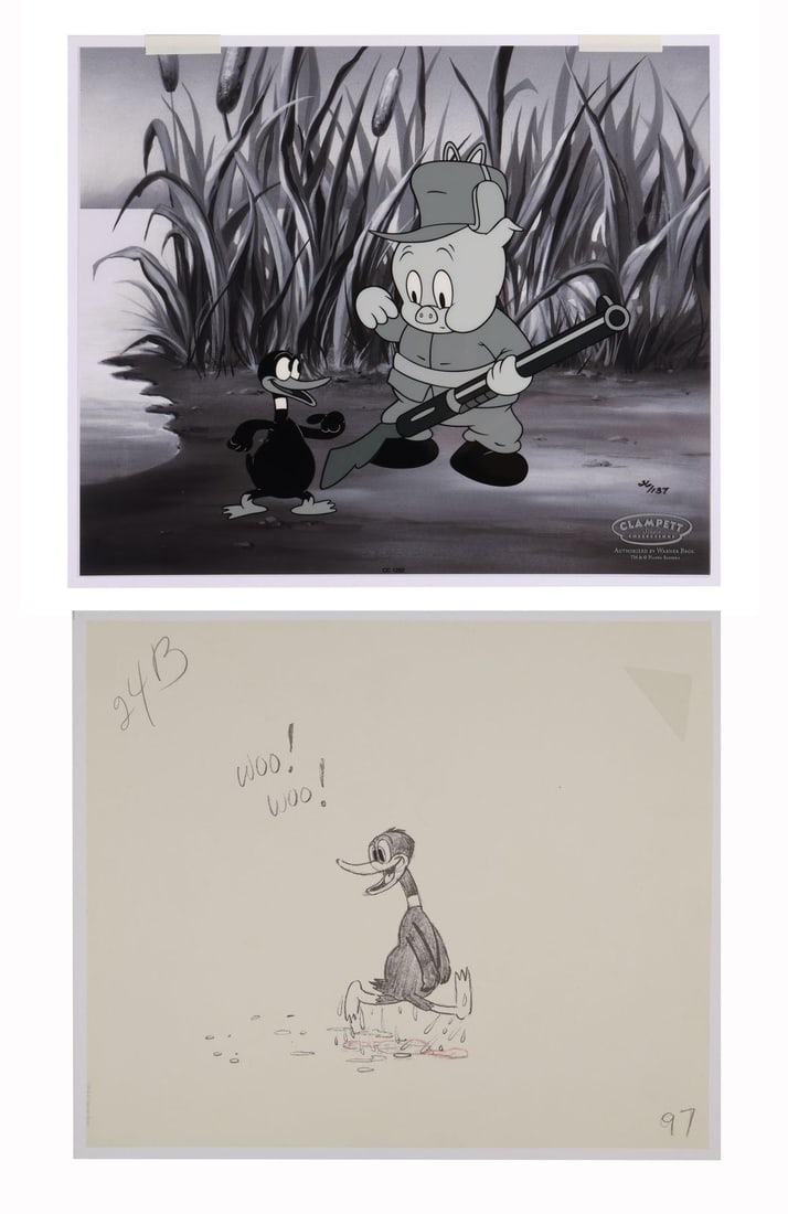 LOONEY TUNES (TV SERIES, 1929-PRESENT) - WOO! WOO! Diptych 26/137 Hand-Painted Cel on Fine Art: LOONEY TUNES (TV SERIES, 1929-PRESENT) - WOO! WOO! Diptych 26/137 Hand-Painted Cel on Fine Art Giclée Background and Fine Art Giclée - "Woo! Woo!" is exactly what Daffy is shouting as he skips acros