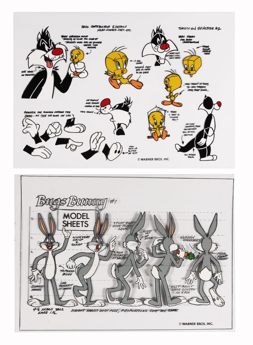 WARNER BROS. STUDIOS - A Set of Two Hand-Painted Model Sheets Sylvester and Tweety and Bugs Bunny: WARNER BROS. STUDIOS - A Set of Two Hand-Painted Model Sheets Sylvester and Tweety and Bugs Bunny - These are the studio's own rulebook for three of the most recognisable faces Warner Bros. ever drew,