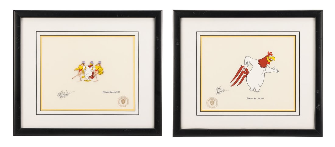 LOONEY, LOONEY, LOONEY, LOONEY BUGS BUNNY MOVIE (1981) / DAFFY DUCK'S FANTASTIC ISLAND (1983) - Pair: LOONEY, LOONEY, LOONEY, LOONEY BUGS BUNNY MOVIE (1981) / DAFFY DUCK'S FANTASTIC ISLAND (1983) - Pair of Framed Original Foghorn Leghorn Animation Cels Autographed by Friz Freleng - Biddi