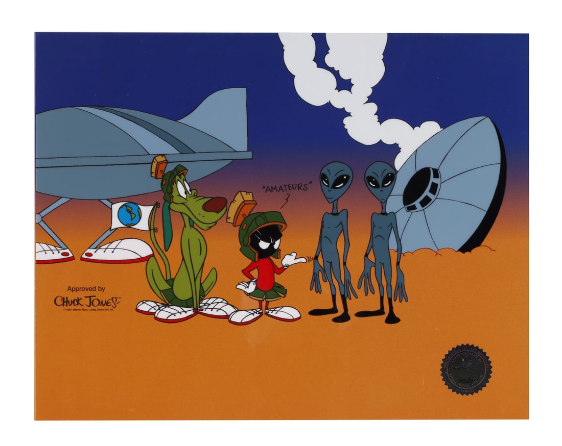 WARNER BROS. STUDIOS - Amateurs Limited Edition Sericel Signed by Chuck Jones: WARNER BROS. STUDIOS - Amateurs Limited Edition Sericel Signed by Chuck Jones - Marvin the Martian writes off a pair of crash-landed greys with a single word, "Amateurs", and the whole joke of this pi