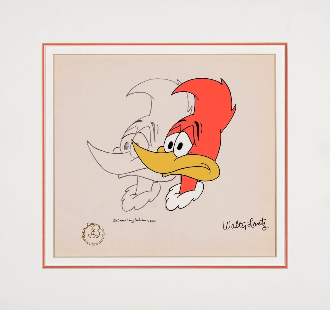 WOODY WOODPECKER (TV SERIES, 1957-2022) - Woody Woodpecker Original Production Cel and Matching: WOODY WOODPECKER (TV SERIES, 1957-2022) - Woody Woodpecker Original Production Cel and Matching Drawing from "Woody Woodpecker Show" Signed by Walter Lantz Matted - Woody Woodpecker fills nearly the w