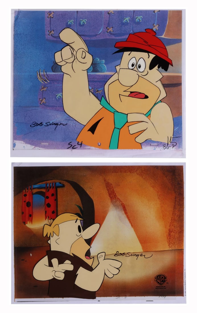 THE FLINTSTONES FRANCHISE (1960 - PRESENT) - Fred Flintstone and Barney Rubble Set of Two Original: THE FLINTSTONES FRANCHISE (1960 - PRESENT) - Fred Flintstone and Barney Rubble Set of Two Original Production Cels on Printed Presentation Backgrounds Signed by Bob Singer - Two fabulous Hanna-Barbera