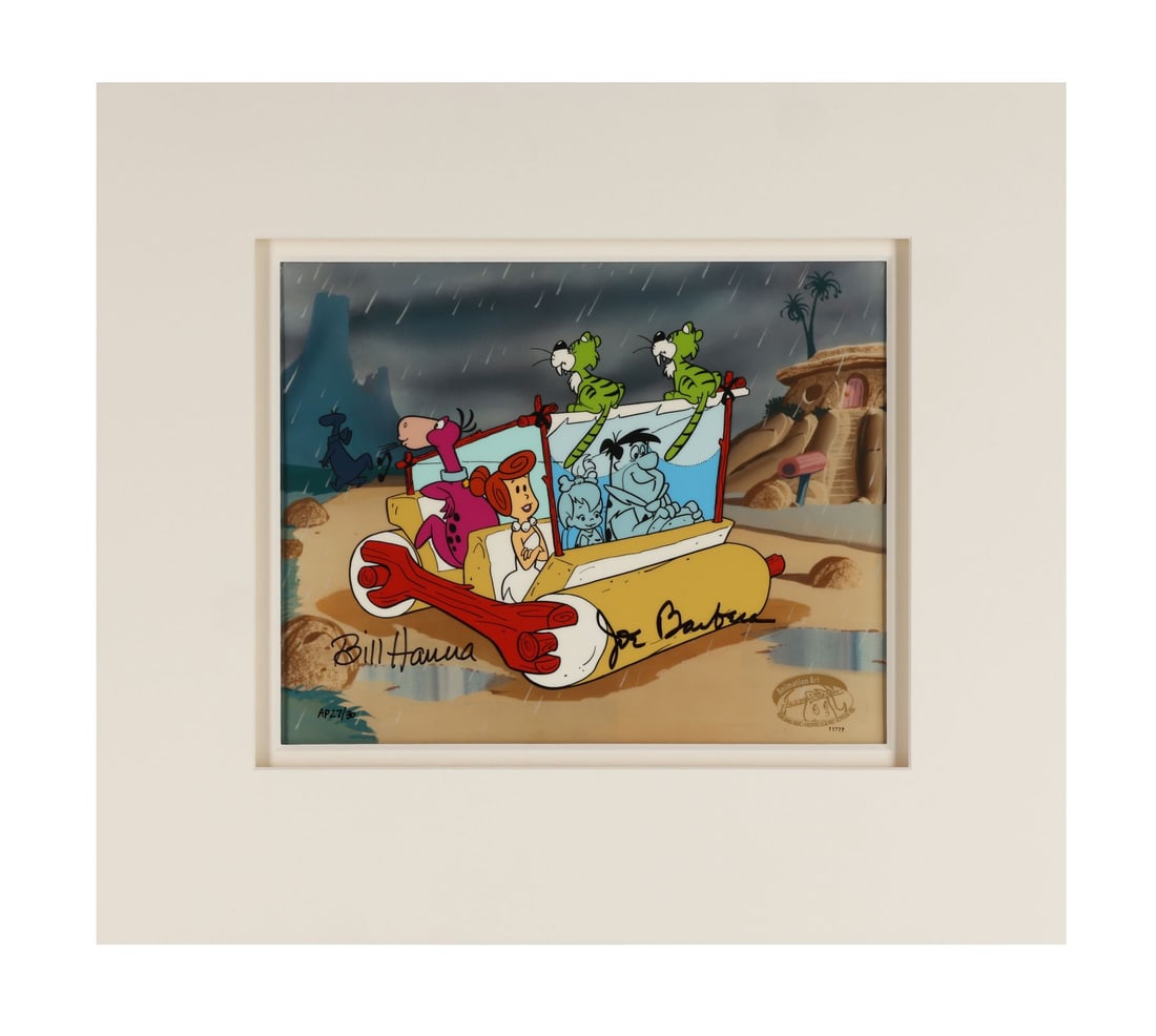 FLINTSTONES, THE (TV SERIES, 1960-1966) - Fred's Windshield Wipers Hand-Painted Limited Edition No.: FLINTSTONES, THE (TV SERIES, 1960-1966) - Fred's Windshield Wipers Hand-Painted Limited Edition No. AP 27/30 on Studio Printed Lithographic Background Signed by Bill Hanna and Joe Barbera - The whole 