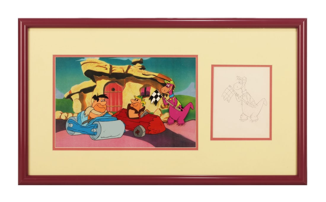 FLINTSTONES KIDS, THE (TV SERIES, 1986-1988) - Framed Fred Flintstone, Barney Rubble and Dino: FLINTSTONES KIDS, THE (TV SERIES, 1986-1988) - Framed Fred Flintstone, Barney Rubble and Dino Original Production Cel and Matching Drawing on Printed Presentation Background - Fred and Barney line up 