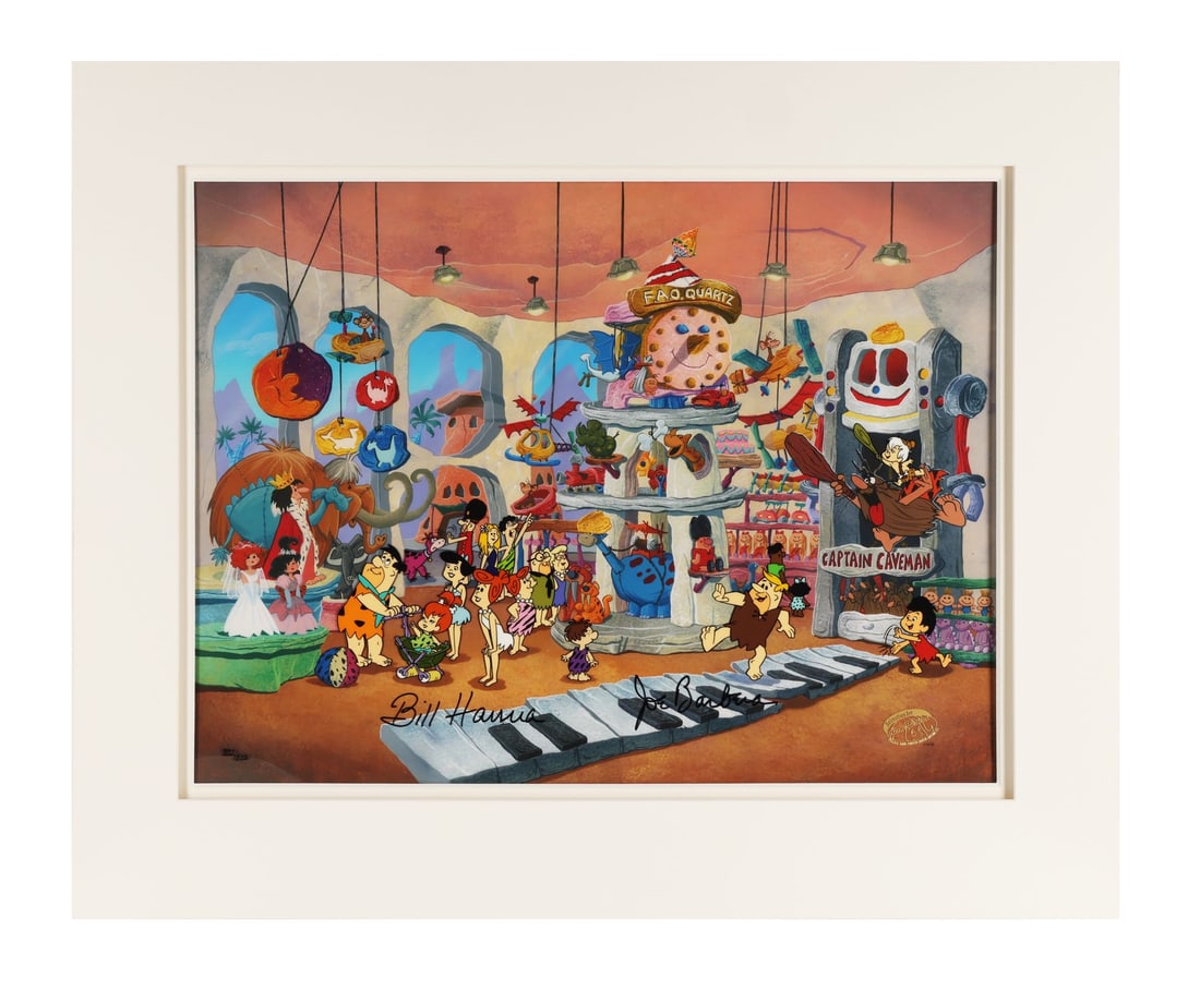 FLINTSTONES KIDS, THE (TV SERIES, 1986-1988) - BIG in Bedrock Hand-Painted Limited Edition No.: FLINTSTONES KIDS, THE (TV SERIES, 1986-1988) - BIG in Bedrock Hand-Painted Limited Edition No. 322/500 on Studio Printed Lithographic Background Signed by Bill Hanna and Joe Barbera - The whole of Bed
