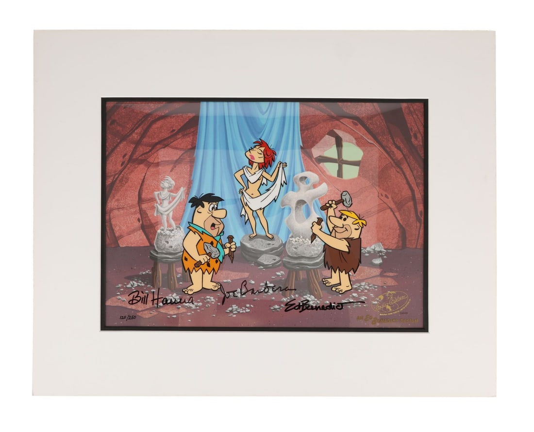 FLINTSTONES, THE (TV SERIES, 1960-1966) - Framed Art Class, Hand-Painted Limited Edition No. 120/250: FLINTSTONES, THE (TV SERIES, 1960-1966) - Framed Art Class, Hand-Painted Limited Edition No. 120/250 Signed by Bill Hanna, Joe Barbera and Ed Benedict - A hand-painted limited edition cel featuring Fr