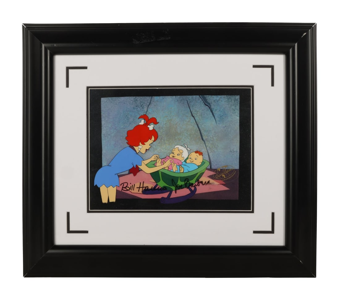 HOLLYROCK-A-BYE BABY (1993) - Framed Art Class Hand-Painted Limited Edition No. 120/250 Signed by: HOLLYROCK-A-BYE BABY (1993) - Framed Art Class Hand-Painted Limited Edition No. 120/250 Signed by Bill Hanna, Joe Barbera and Ed Benedict - "A lovely original production cel of Pebbles tending to her 