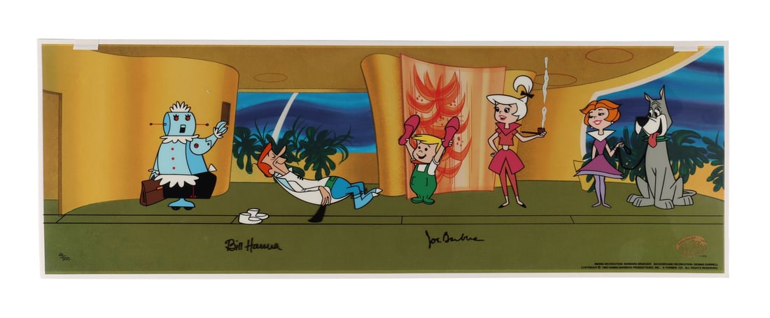 JETSONS, THE (TV SERIES, 1962-1963) - A New Leash on Life Hand-Painted Limited Edition No. 26/500: JETSONS, THE (TV SERIES, 1962-1963) - A New Leash on Life Hand-Painted Limited Edition No. 26/500 Signed by Bill Hanna and Joe Barbera - This fabulous hand-painted pan limited edition recreates the Je