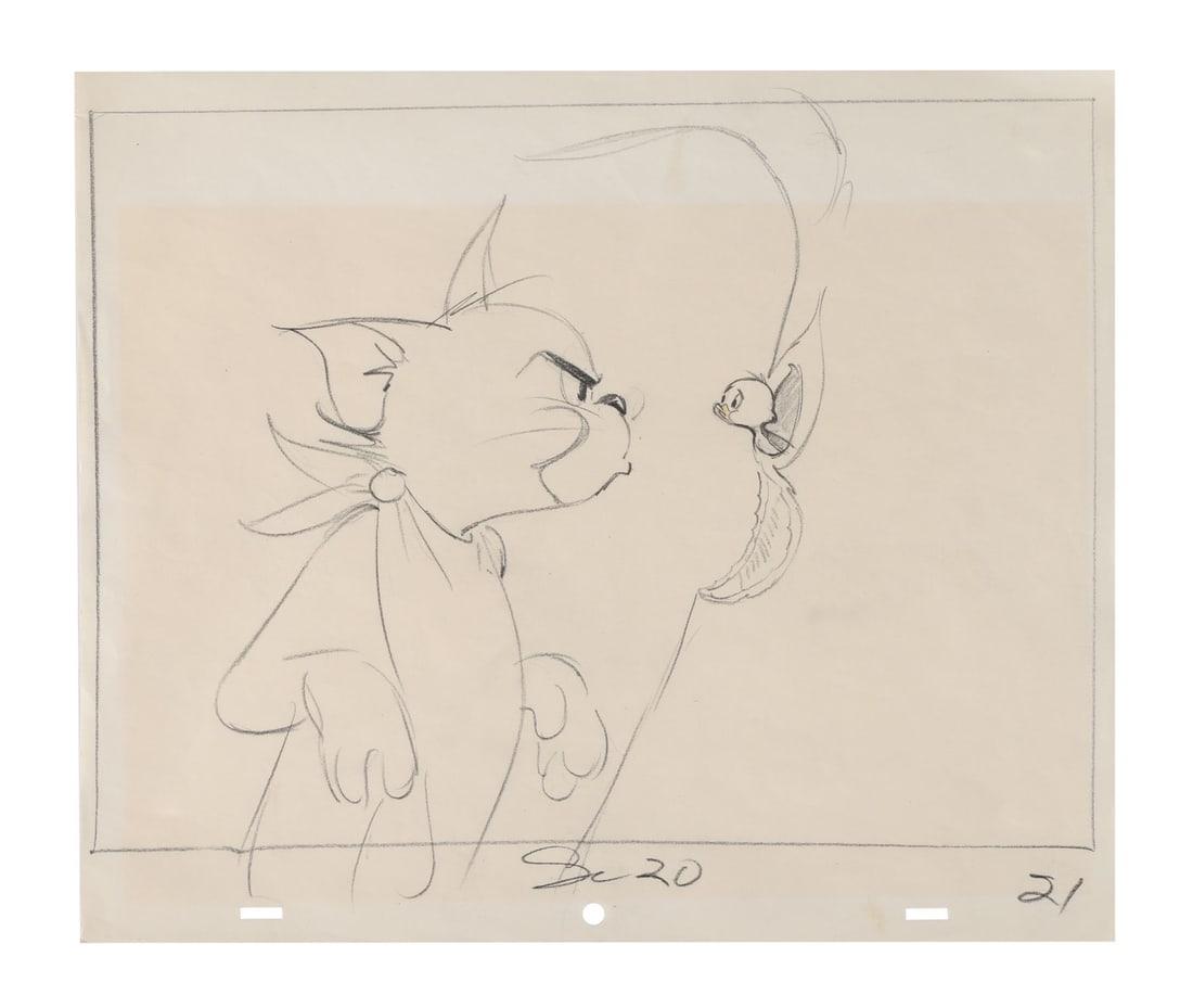 TOM AND JERRY (TV SERIES, 1940-1968) - Tom and Little Quacker Original Camera Layout Drawing from: TOM AND JERRY (TV SERIES, 1940-1968) - Tom and Little Quacker Original Camera Layout Drawing from "Little Quacker" - Tom looms over Little Quacker here, the two of them eye to eye on the sheet, the ca
