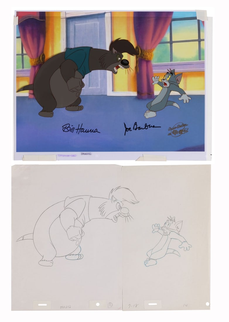 TOM AND JERRY: THE MOVIE (1992) - Tom and Alley Cat Original Production Cels on Printed Presentation: TOM AND JERRY: THE MOVIE (1992) - Tom and Alley Cat Original Production Cels on Printed Presentation Background Signed by Bill Hanna and Joe Barbera - Tom backs away with his paws up, cornered by a hu