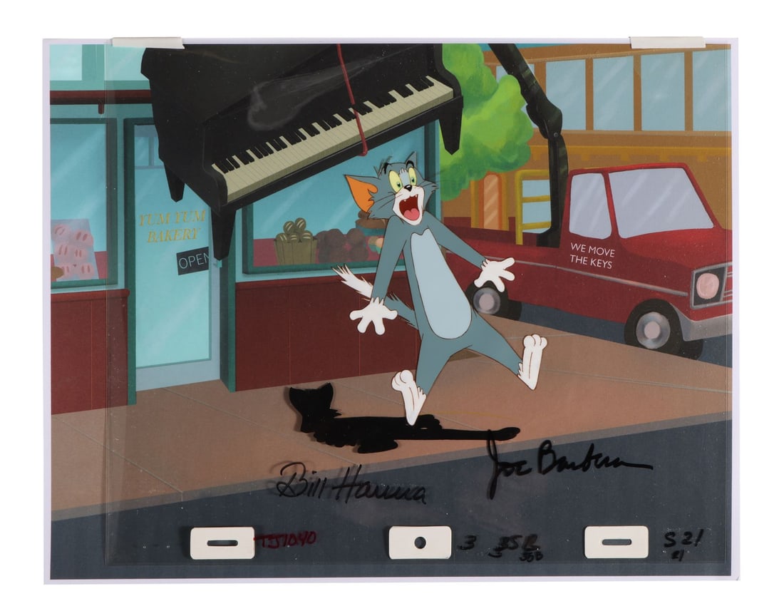 TOM AND JERRY: THE MOVIE (1992) - Tom Original Production Cel on Printed Presentation Background: TOM AND JERRY: THE MOVIE (1992) - Tom Original Production Cel on Printed Presentation Background Signed by Bill Hanna and Joe Barbera - Tom is mid-shriek on the sidewalk outside the Yum Yum Bakery, fr