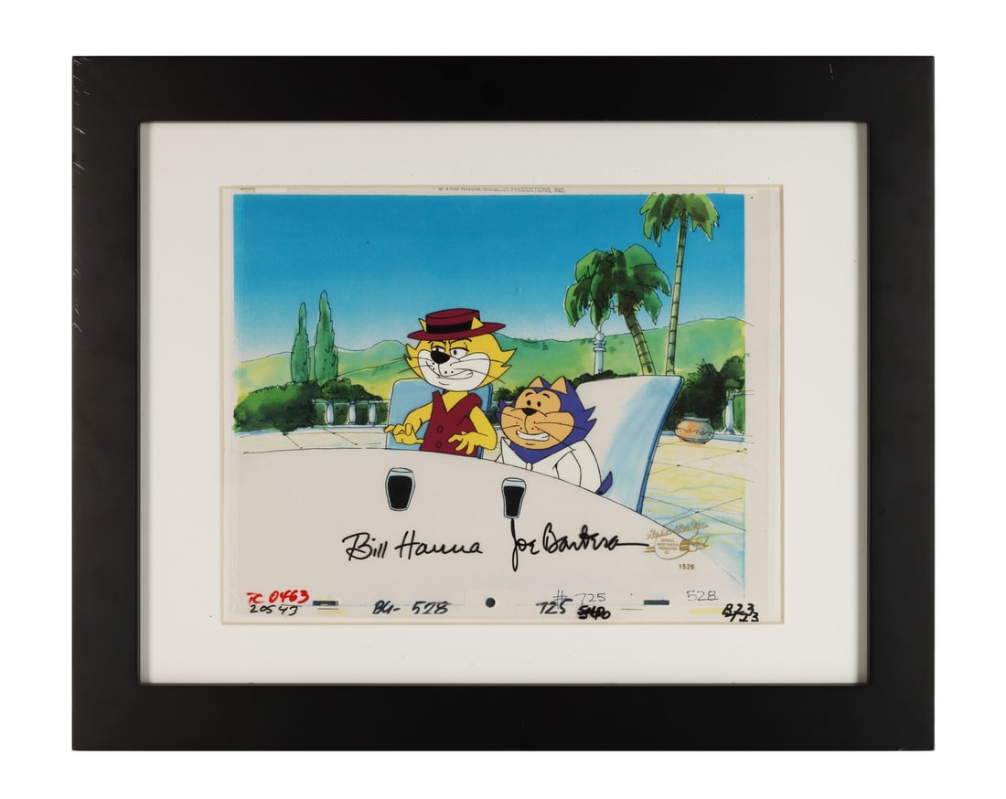 TOP CAT (1961) - Framed Top Cat and Benny Original Production Cel on Printed Presentation Background: TOP CAT (1961) - Framed Top Cat and Benny Original Production Cel on Printed Presentation Background Signed by Bill Hanna and Joe Barbera - Top Cat and Benny are in Beverley Hills, two drinks set with
