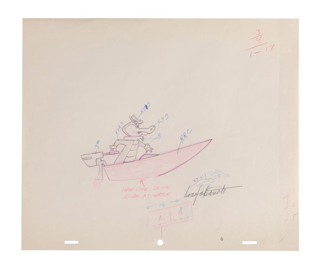 WALLY GATOR (TV SERIES, 1962-1963) - Wally Gator Original Production Drawing from Opening Credits: WALLY GATOR (TV SERIES, 1962-1963) - Wally Gator Original Production Drawing from Opening Credits Signed by Iwao Takamoto - Wally Gator speeds along in his boat through the opening titles of his own s