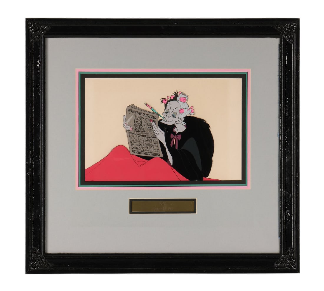 101 DALMATIANS (1961) - Cruella de Vil in Bed Original Production Cel Framed: 101 DALMATIANS (1961) - Cruella de Vil in Bed Original Production Cel Framed - The deliciously evil Cruella de Vil is portrayed here in bed, her iconic two tone hair in rollers, reading the newspaper,