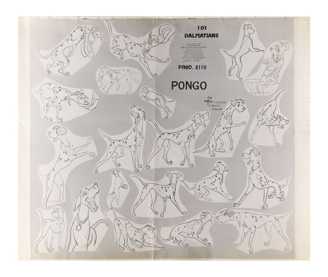 101 DALMATIANS (1961) - Pongo Oversized Photostat Model Sheet: 101 DALMATIANS (1961) - Pongo Oversized Photostat Model Sheet - Pongo's model sheet for 101 Dalmatians is one of the genuine working documents of the Disney studio at its most industrious, and this ex