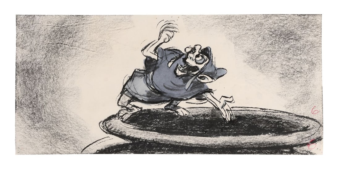BLACK CAULDRON, THE (1985) - Creeper Original Storyboard Drawing: BLACK CAULDRON, THE (1985) - Creeper Original Storyboard Drawing - Creeper, the snivelling, put-upon henchman of the Horned King, gets the full storyboard treatment here in this drawing from The Black