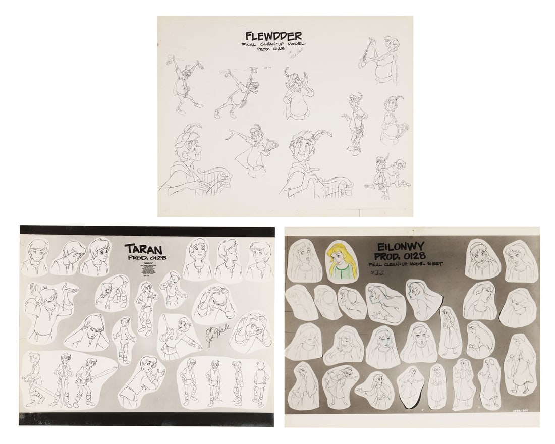 BLACK CAULDRON, THE (1985) - Set of Three Flewdder, Taran and Eilonwy Final Clean Up Model Sheets: BLACK CAULDRON, THE (1985) - Set of Three Flewdder, Taran and Eilonwy Final Clean Up Model Sheets - The Black Cauldron has become one of the great cult films in Disney's history, a darker, stranger pi