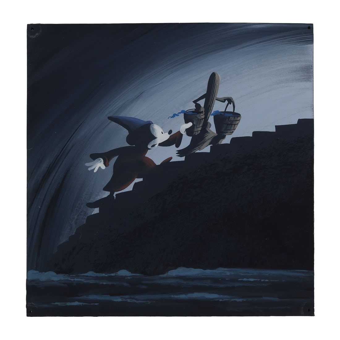 FANTASIA (1940) - Mickey Mouse as the Sorceror's Apprentice Chases the Broom Original Goache on: FANTASIA (1940) - Mickey Mouse as the Sorceror's Apprentice Chases the Broom Original Goache on Black Board Concept Painting - The Sorcerer's Apprentice scrambles up the stone steps of Yen Sid's castl