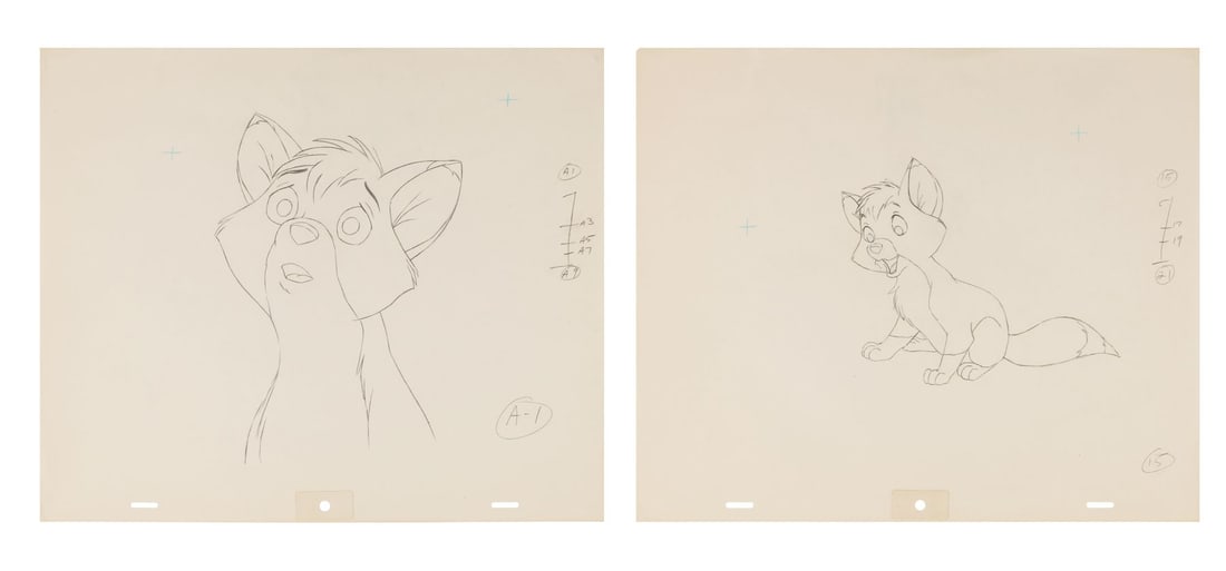 FOX AND THE HOUND, THE (1981) - Pair of Young and Older Todd Original Production Drawings: FOX AND THE HOUND, THE (1981) - Pair of Young and Older Todd Original Production Drawings - Here are young Tod and Tod grown, two key clean-up drawings from The Fox and the Hound, the film that handed