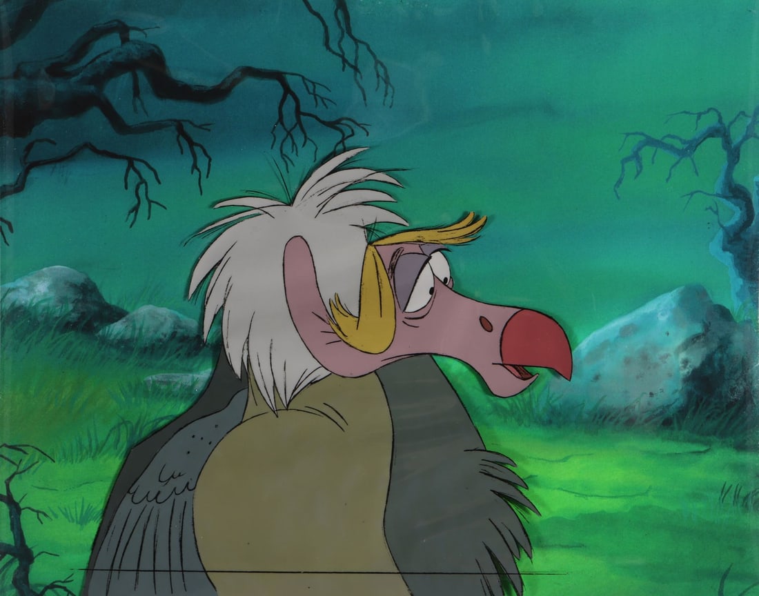 JUNGLE BOOK, THE (1994) - Flaps Original Production Cel on Printed Presentation Background: JUNGLE BOOK, THE (1994) - Flaps Original Production Cel on Printed Presentation Background - A large close-up of Flaps, who has the best hair of the fab four vultures, as he chats with the group. The 
