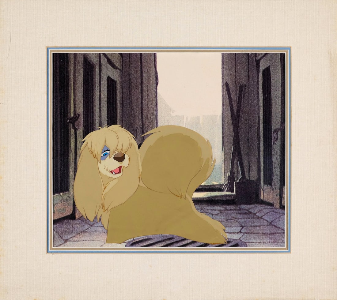 LADY AND THE TRAMP (1955) - Peg Original Production Cel on Printed Presentation Background: LADY AND THE TRAMP (1955) - Peg Original Production Cel on Printed Presentation Background - A seductive full-figure Peg, caught in the moment right before she launches into "He's a Tramp," and anyone