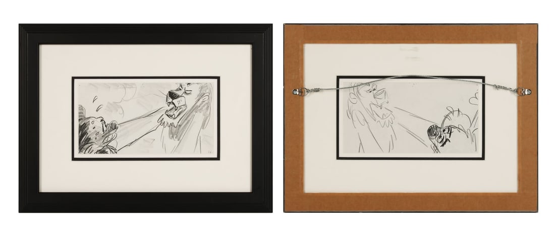 LION KING, THE (1994) - Scar and the Hyena Original Storyboard by Jorgen Klubien Framed: LION KING, THE (1994) - Scar and the Hyena Original Storyboard by Jorgen Klubien Framed - A dynamic storyboard artwork of Scar mid-snarl with one of the hyenas cowering under the blast of him, drawn a