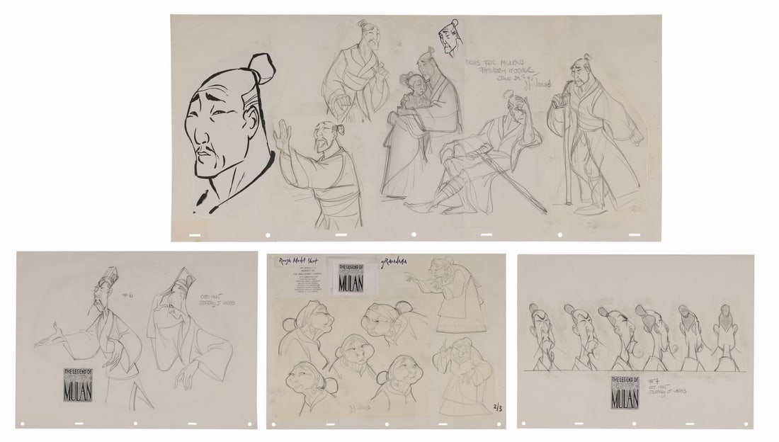 MULAN (1998) - Set of Four Hand-Drawn Model Sheets of Mulan's father Zhou, Chi Fu, and Grandma Each: MULAN (1998) - Set of Four Hand-Drawn Model Sheets of Mulan's father Zhou, Chi Fu, and Grandma Each Signed by Jeffrey J. Varab - Four hand-drawn model sheets from the earliest stretch of work on Disne