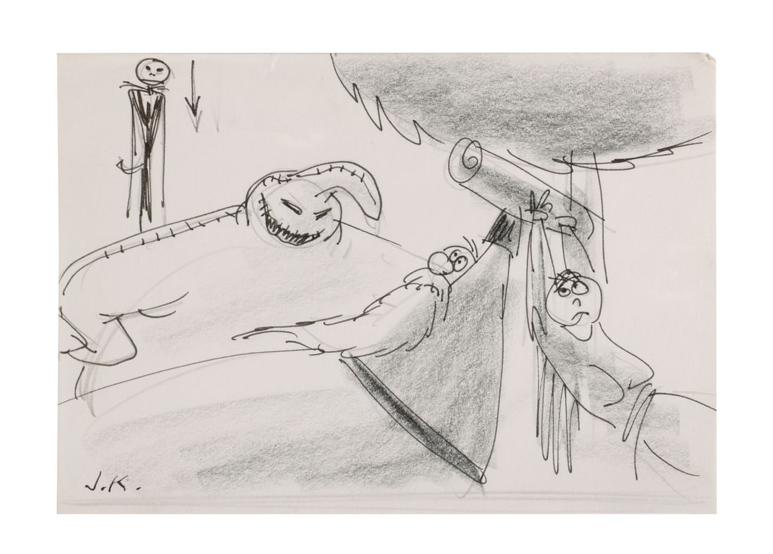 NIGHTMARE BEFORE CHRISTMAS, THE (1993) - Oogie Boogie Storyboard Drawing Signed by Jorgen Klubien: NIGHTMARE BEFORE CHRISTMAS, THE (1993) - Oogie Boogie Storyboard Drawing Signed by Jorgen Klubien - Oogie Boogie has Sandy Claws and Sally exactly where he wants them, strung up and waiting for the en