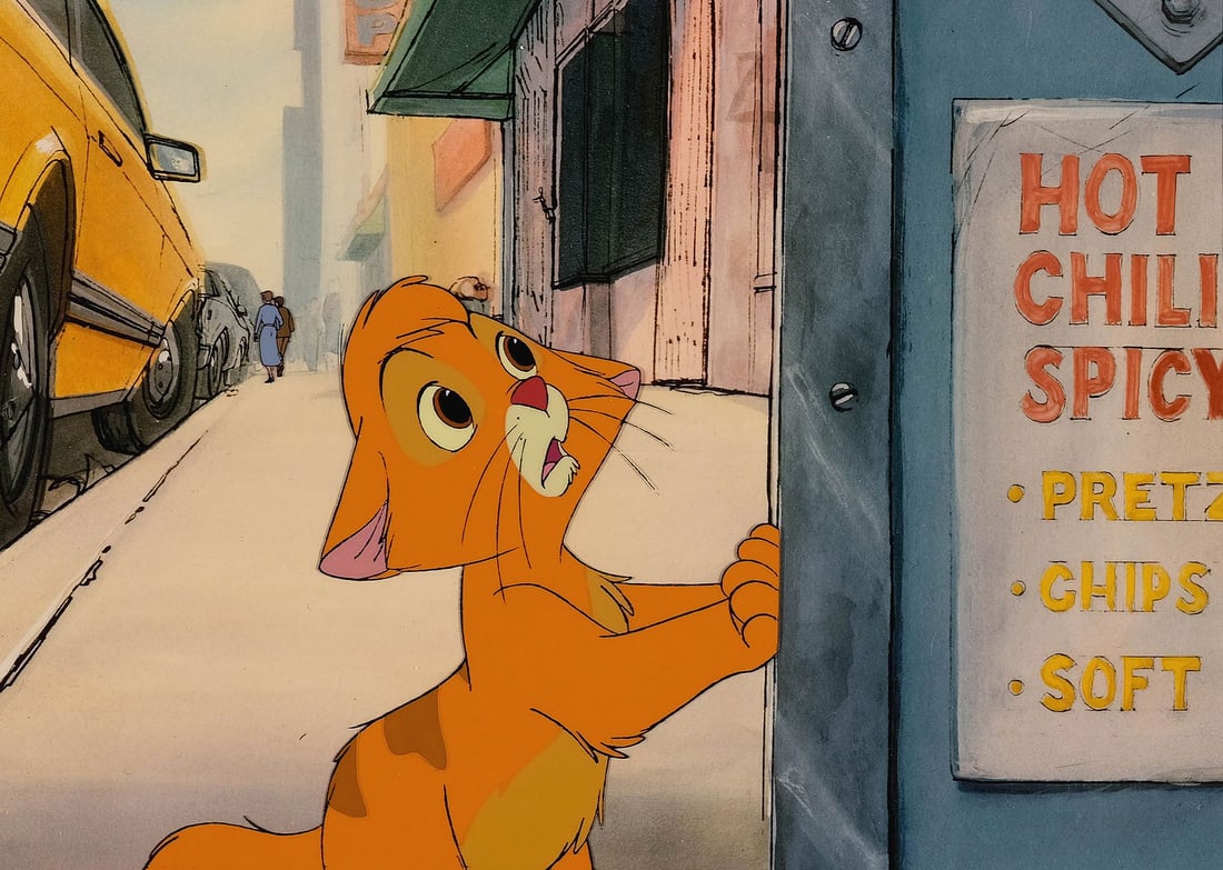 OLIVER & COMPANY (1988) - Oliver Looking Worried Original Production Cel on Studio Printed: OLIVER & COMPANY (1988) - Oliver Looking Worried Original Production Cel on Studio Printed Photographic Background Matted - Oliver is the kitten nobody picked. The opening of Oliver & Company sets a w