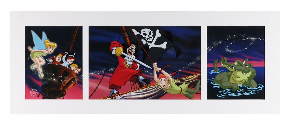PETER PAN (1953) - Peter Pan Tryptych Limited Edition Sericel Limited Edition of 400: PETER PAN (1953) - Peter Pan Tryptych Limited Edition Sericel Limited Edition of 400 - An impressive wide-format sericel from Disney's 1953 Peter Pan, part of the original triptych produced exclusivel