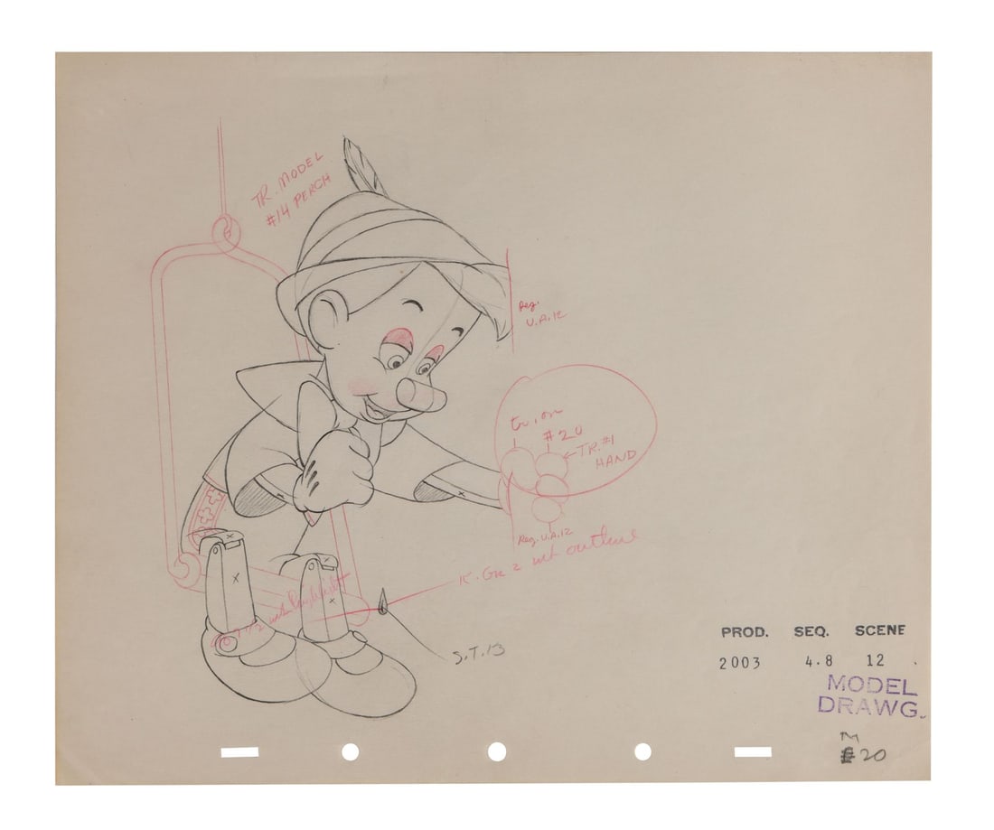 PINOCCHIO (1940) - Pinocchio in the Bird Cage Original Production Model Drawing: PINOCCHIO (1940) - Pinocchio in the Bird Cage Original Production Model Drawing - Pinocchio is locked inside Stromboli's birdcage in this model drawing, the moment the wagon rolls away with the puppet