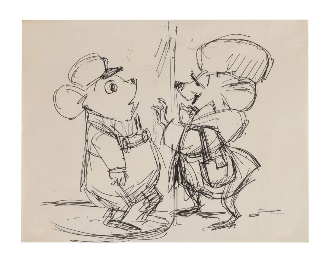 RESCUERS, THE (1977) - Bernard and Miss Bianca First Meet Original Storyboard Drawing: RESCUERS, THE (1977) - Bernard and Miss Bianca First Meet Original Storyboard Drawing - This is the moment Bernard and Bianca first work together, the small disaster that introduces the two mice who c