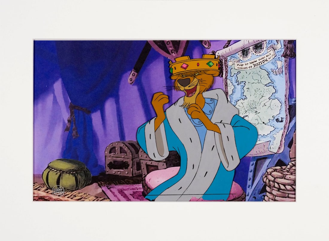 ROBIN HOOD (1973) - Prince John Original Production Cel on Printed Presentation Background: ROBIN HOOD (1973) - Prince John Original Production Cel on Printed Presentation Background - Prince John is presented large and almost full-frame here, crown tipped over his ears, with the map of Brit