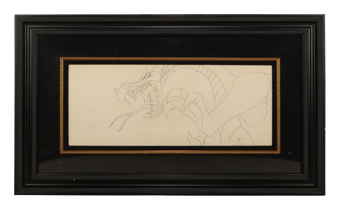 SLEEPING BEAUTY (1959) - Maleficent as the Dragon Original Pan Production Drawing Framed: SLEEPING BEAUTY (1959) - Maleficent as the Dragon Original Pan Production Drawing Framed - Maleficent has thrown off the last of her human shape here, reared up as the great black dragon for the clima