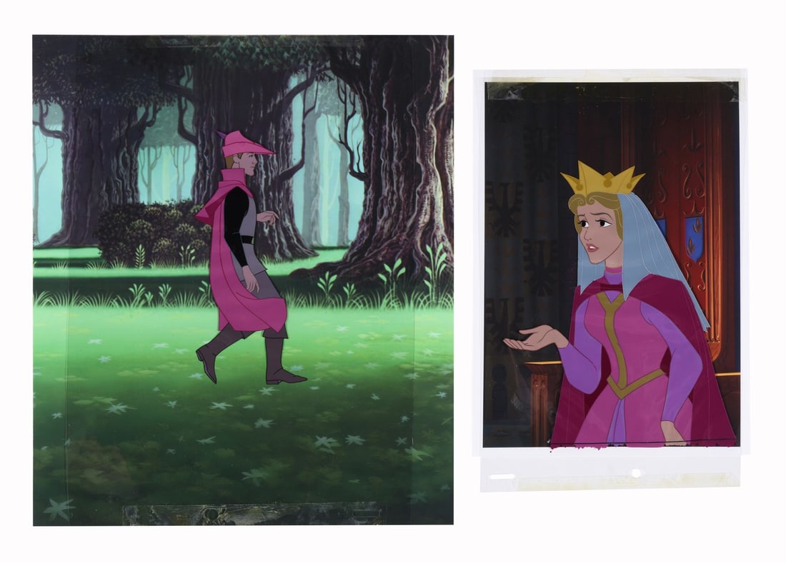 SLEEPING BEAUTY (1959) - Prince Philip, Queen Leah Original Production Cels on Fine Art Giclée: SLEEPING BEAUTY (1959) - Prince Philip, Queen Leah Original Production Cels on Fine Art Giclée Backgrounds - Two original production cels from Walt Disney's Sleeping Beauty share this lot, one of Pri