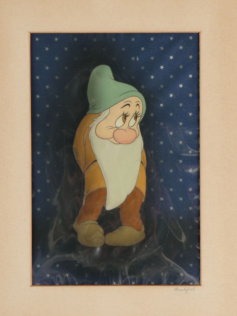 SNOW WHITE AND THE SEVEN DWARFS (1937) - Bashful Original Production Cel on Courvoisier Background: SNOW WHITE AND THE SEVEN DWARFS (1937) - Bashful Original Production Cel on Courvoisier Background - A beautiful original production cel of Bashful from Walt Disney's Snow White and the Seven Dwarfs, 
