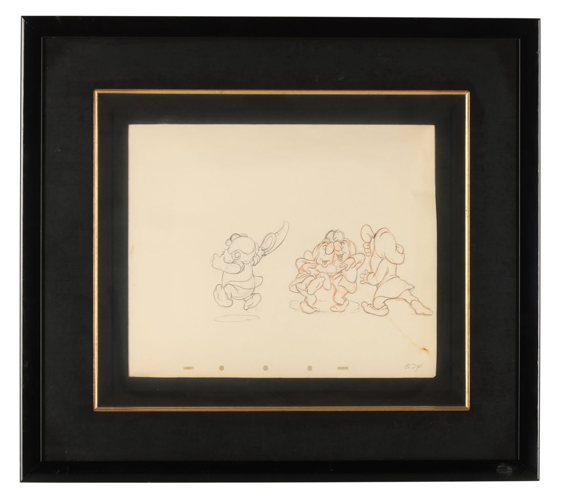 SNOW WHITE AND THE SEVEN DWARFS (1937) - Doc, Sneezy, Bashful and Grumpy Original Production Drawing: SNOW WHITE AND THE SEVEN DWARFS (1937) - Doc, Sneezy, Bashful and Grumpy Original Production Drawing Framed - Four of the dwarfs work through the yodel number here, caught mid-dance inside the cottage