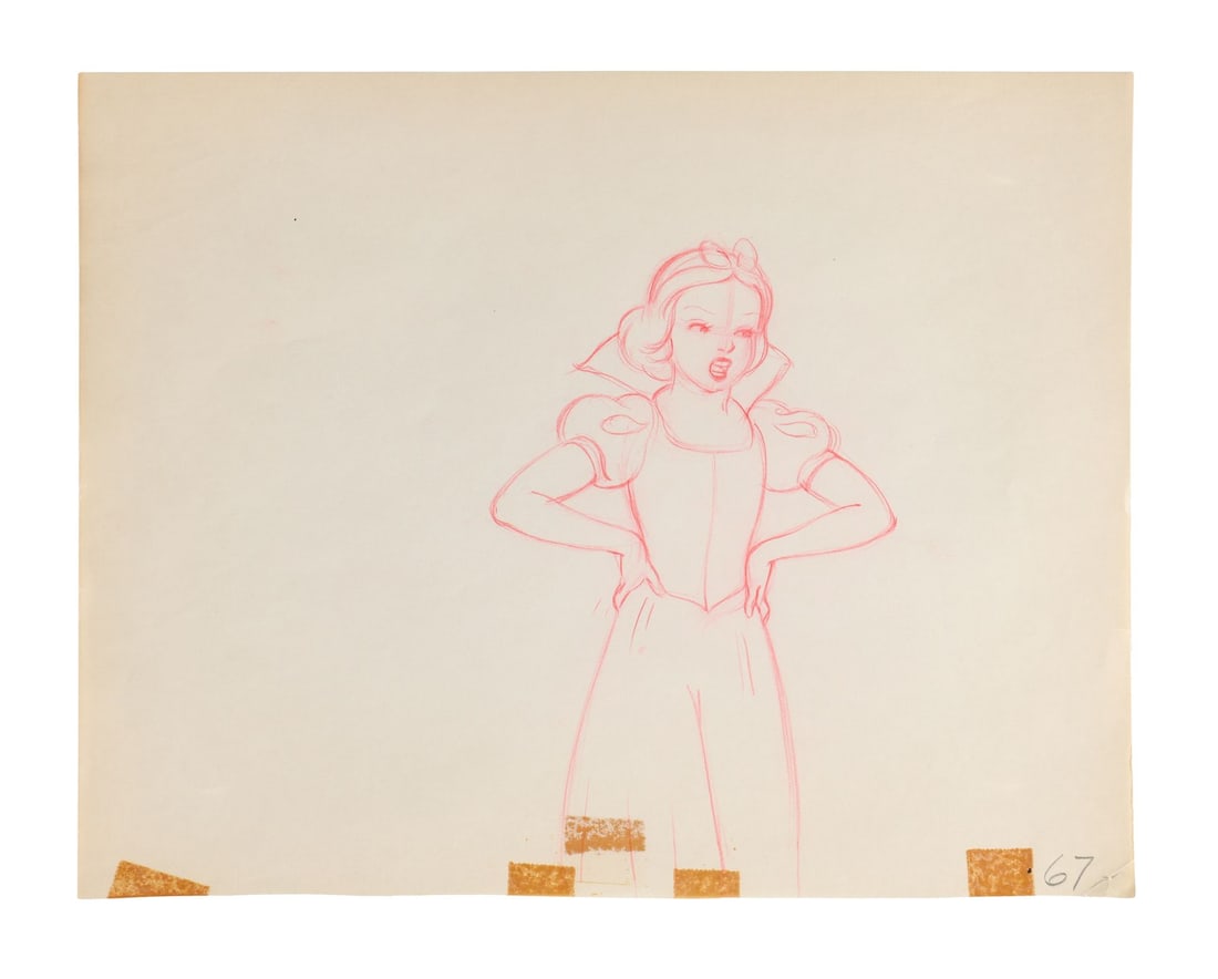 SNOW WHITE AND THE SEVEN DWARFS (1937) - Snow White Scolds The Dwarfs Original Production Drawing: SNOW WHITE AND THE SEVEN DWARFS (1937) - Snow White Scolds The Dwarfs Original Production Drawing - Snow White stands with her hands planted firmly on her hips in this magnificent original production 