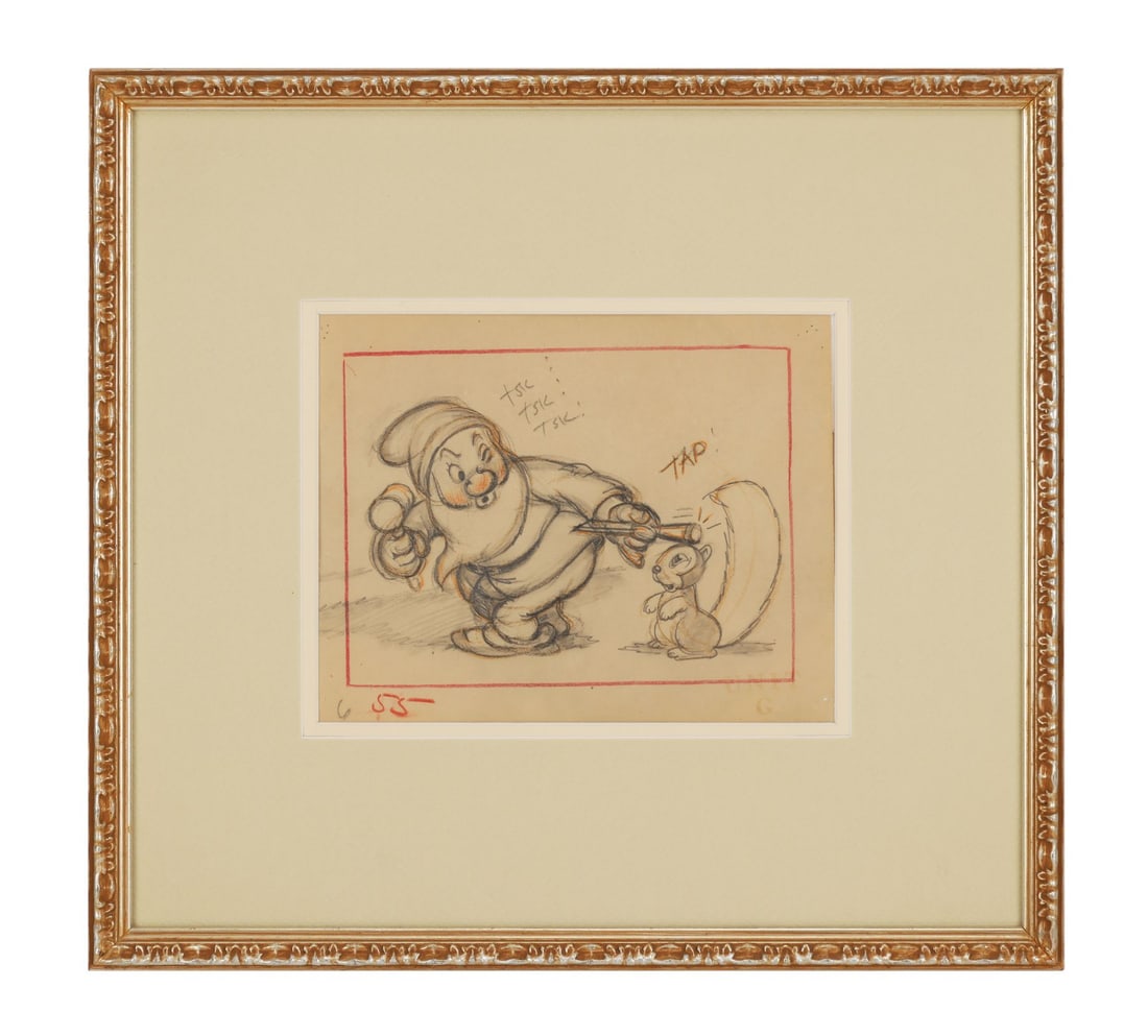 SNOW WHITE AND THE SEVEN DWARFS (1937) - Happy and Squirrel Original Storyboard Artwork: SNOW WHITE AND THE SEVEN DWARFS (1937) - Happy and Squirrel Original Storyboard Artwork - Happy is wagging a scolding finger at a small woodland squirrel in this absolutely delightful storyboard drawi