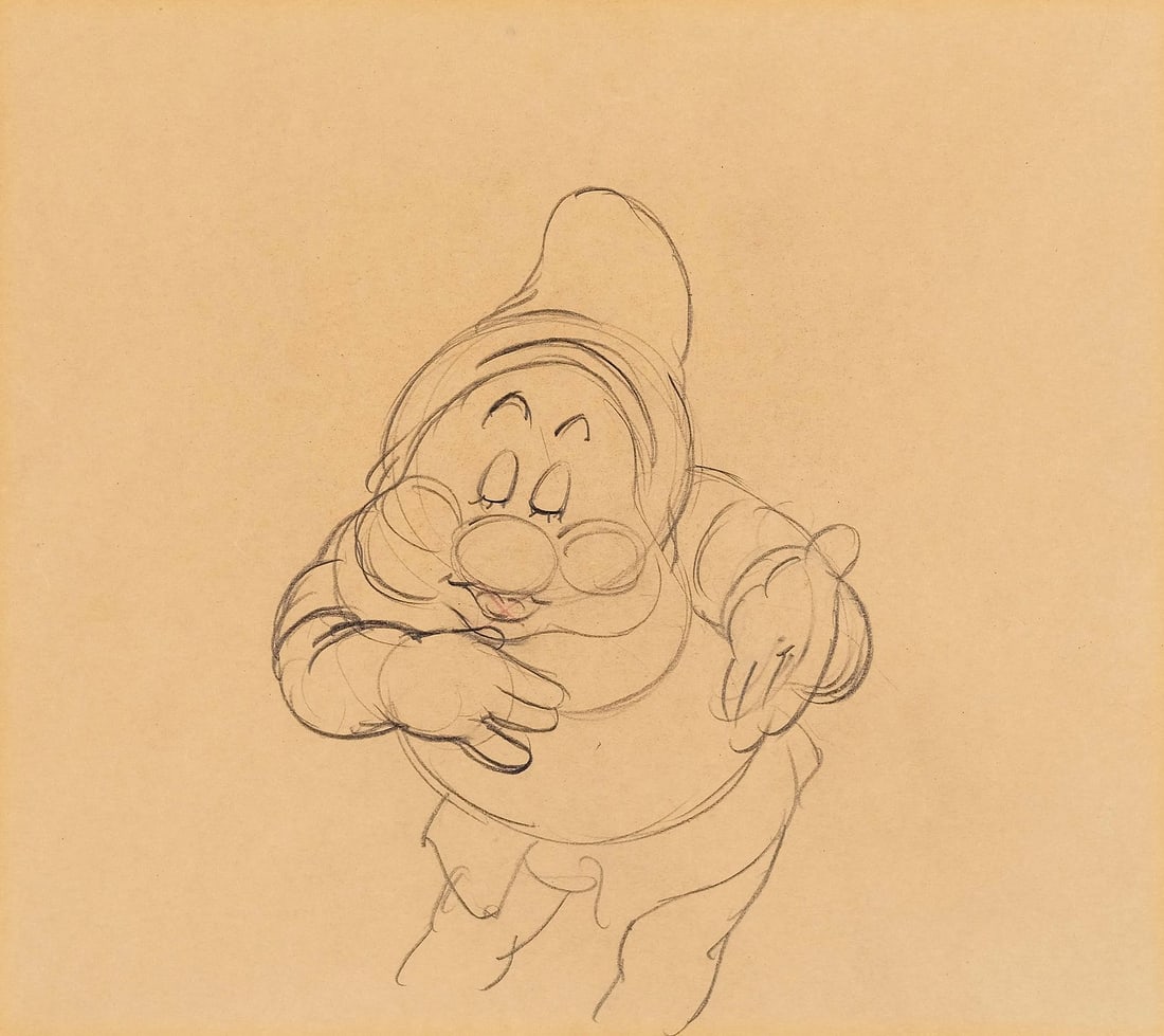 SNOW WHITE AND THE SEVEN DWARFS (1937) - Doc Original Production Drawing Matted: SNOW WHITE AND THE SEVEN DWARFS (1937) - Doc Original Production Drawing Matted - Doc takes a bow, large and central on the paper, eyes shut and that whiskered head dipped forward in the deference he 